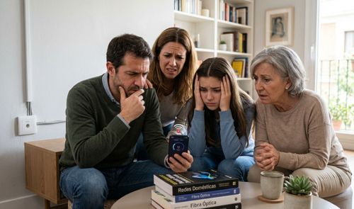 Cuatro personas de distintas generaciones miran con preocupación y frustración un teléfono móvil que muestra un test de velocidad de red.