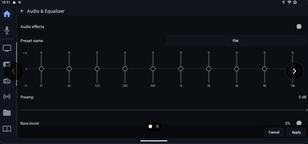Panel de configuración de ecualizador de audio en la interfaz de Fermata con diez bandas de ajuste y controles de preamplificación.