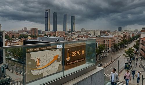 Infografía sobreimpresionada de la AEMET con datos de temperatura en Madrid bajo un cielo nublado y tormentoso sobre las Cuatro Torres.