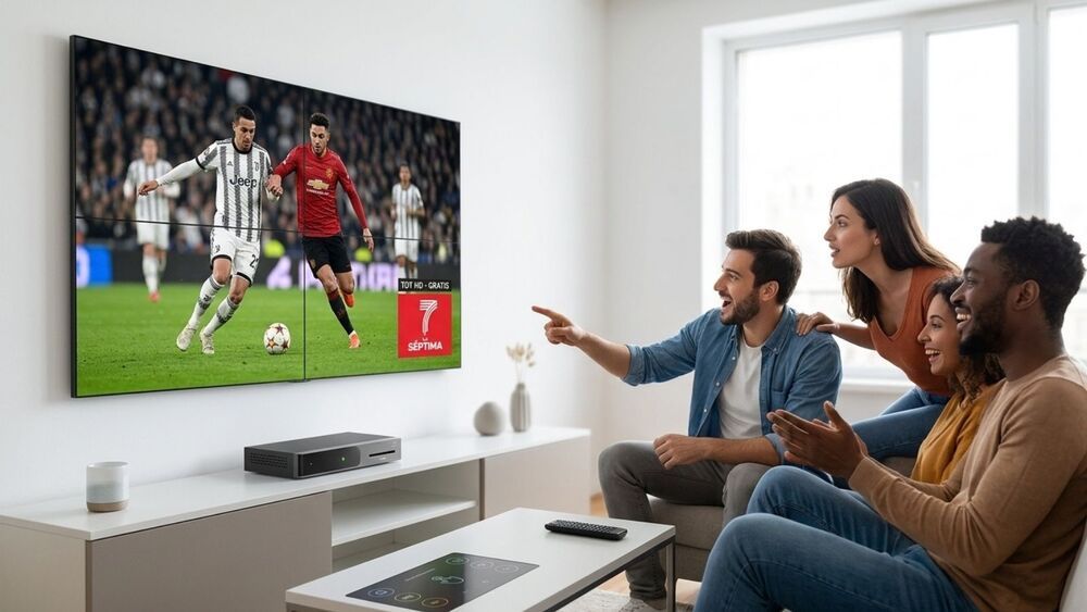 Grupo de amigos en un salón viendo un partido de fútbol en un televisor de gran formato con un decodificador conectado.