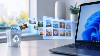 Representación conceptual de la eliminación de archivos fotográficos desde un ordenador portátil hacia una papelera de reciclaje digital.