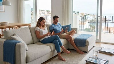 Pareja sentada en un sofá utilizando una tableta y un teléfono móvil en un salón luminoso.