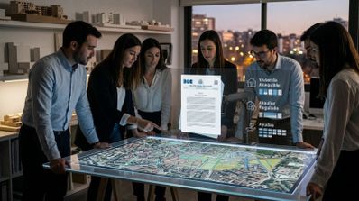 Grupo de profesionales analizando un mapa urbano interactivo y un documento del BOE proyectado en una mesa digital.