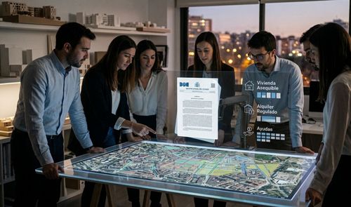 Grupo de profesionales analizando un mapa urbano interactivo y un documento del BOE proyectado en una mesa digital.
