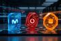 Logotipos de Movistar, Vodafone y Orange en bloques de cristal iluminados sobre una placa de circuitos en un centro de datos.
