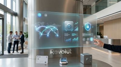 Interfaz holográfica de Revolut con iconos de seguridad, mapas de conexiones globales y una caja fuerte en un entorno de oficina.
