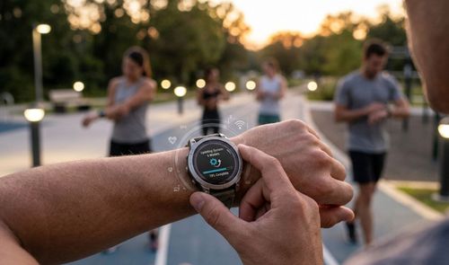 Primer plano de un reloj inteligente Garmin mostrando una barra de progreso de actualización de software en la muñeca de un deportista en una pista exterior.