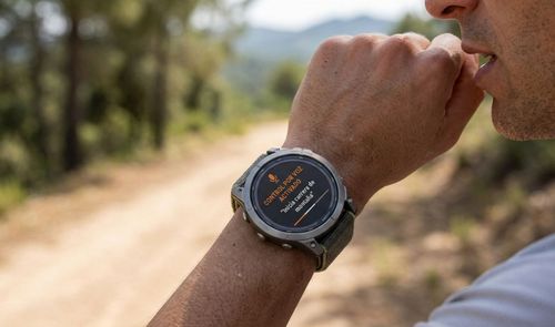Primer plano de un Garmin Enduro 4 en la muñeca de un deportista mostrando el mensaje de control por voz activado en pantalla.