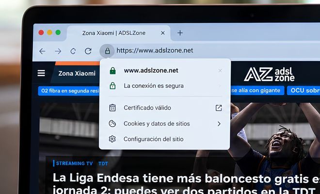 Menú de seguridad del navegador Chrome mostrando la conexión segura por protocolo HTTPS en la web de ADSLZone.