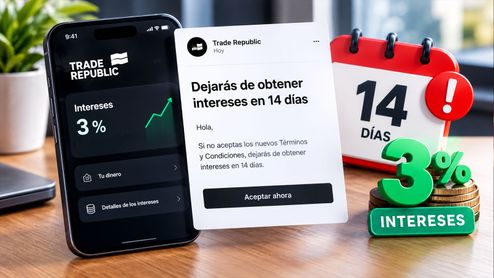 Interfaz de la aplicación Trade Republic mostrando un aviso sobre el plazo de 14 días para aceptar nuevos términos y mantener el 3% de intereses.