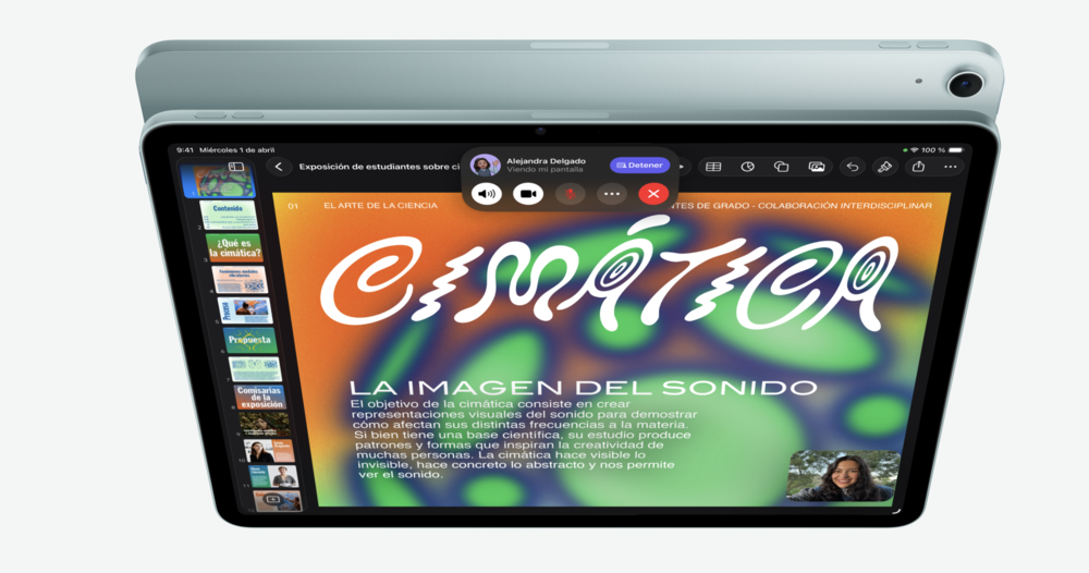 iPad Air mostrando una aplicación de presentaciones con herramientas de videollamada en pantalla.