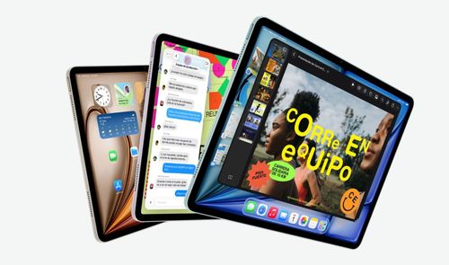 Tres tablets iPad Air dispuestas en abanico mostrando diferentes aplicaciones de iPadOS como Mensajes y edición de presentaciones.