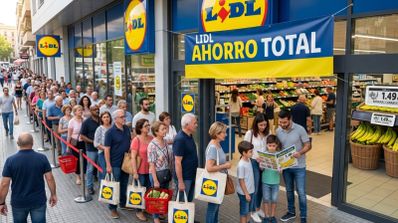 Fila de personas esperando para entrar en un supermercado Lidl bajo un cartel de ahorro total.
