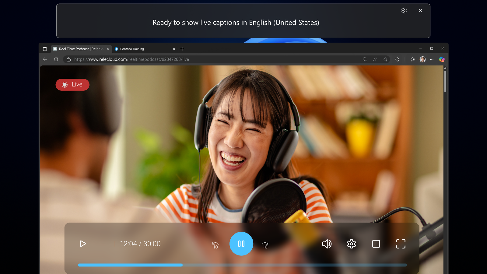Cuadro de diálogo de Live Captions sobre la reproducción de un vídeo en Windows.