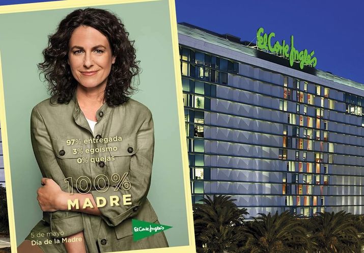 Cartel publicitario de El Corte Inglés para el Día de la Madre junto a la fachada de uno de sus centros comerciales.