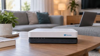 Router de Movistar en color blanco y negro situado sobre una mesa de madera en un salón.