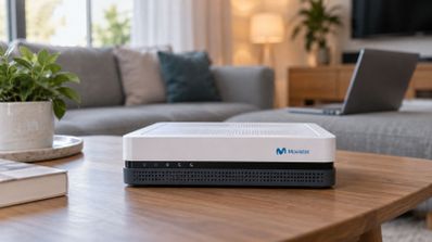 Router de Movistar en color blanco y negro situado sobre una mesa de madera en un salón.
