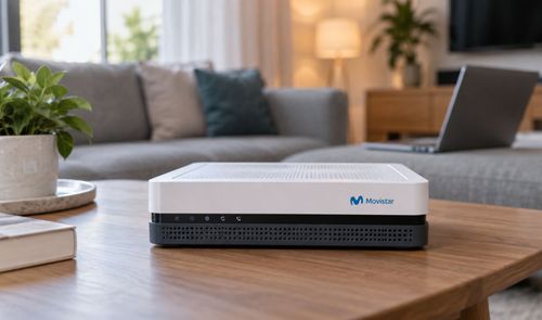 Router de Movistar en color blanco y negro situado sobre una mesa de madera en un salón.