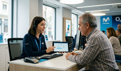 Una empleada de Movistar con auriculares atiende a un cliente mayor mostrándole información en una tablet dentro de una tienda física.