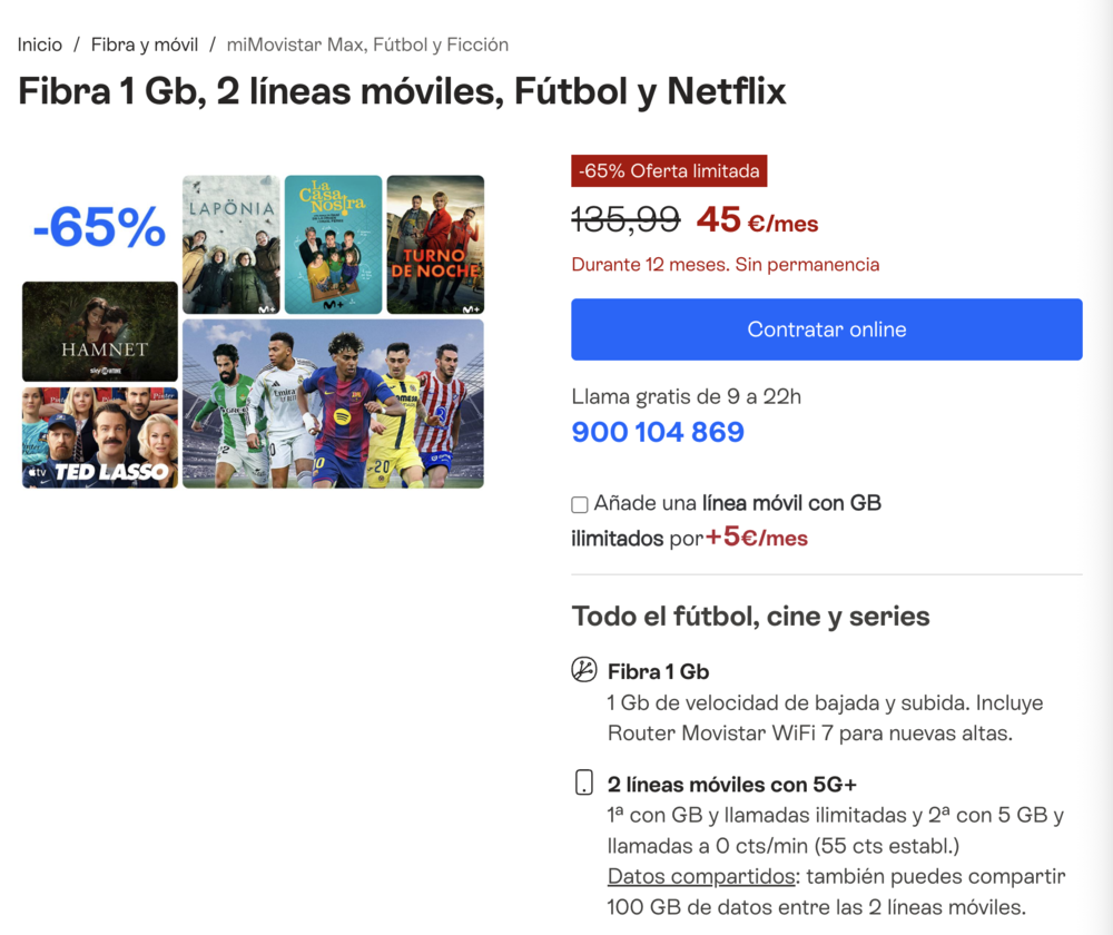Detalle de una oferta de tarifa miMovistar con fibra, líneas móviles, fútbol y Netflix.