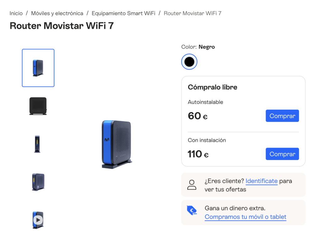 Ficha de producto en tienda online del Router Movistar WiFi 7 con opciones de compra autoinstalable o con instalación.