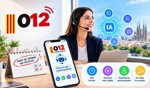 Infografía del servicio 012 de Cataluña con una teleoperadora, un chatbot en un móvil y símbolos de inteligencia artificial sobre un fondo de Barcelona.
