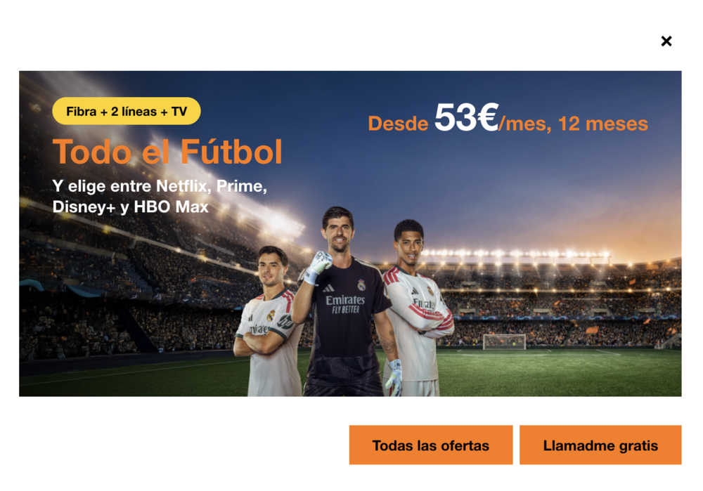 Anuncio de Orange con oferta de fibra, móvil y televisión con fútbol y plataformas de streaming.