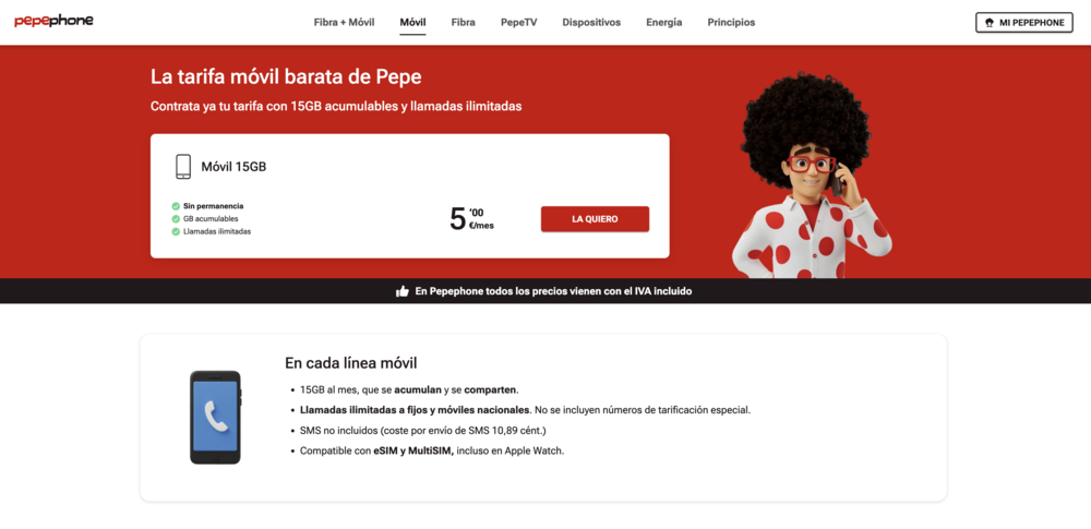 Detalle de la tarifa móvil de Pepephone con 15GB acumulables y llamadas ilimitadas sobre fondo rojo.