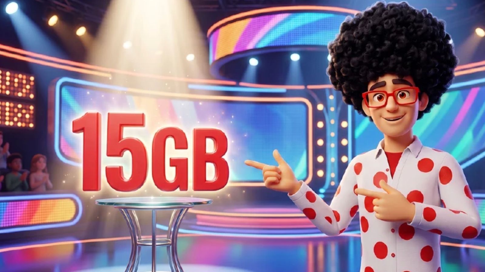 Ilustración 3D del personaje de Pepephone señalando una cifra de 15 GB en un plató de televisión.