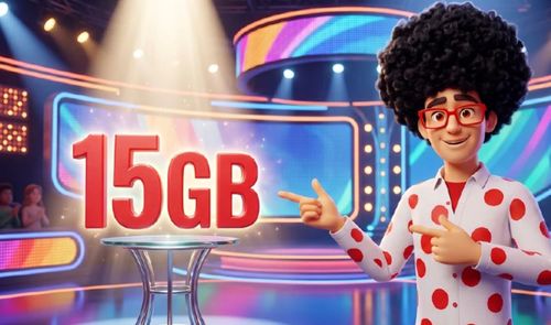 Ilustración 3D del personaje de Pepephone señalando una cifra de 15 GB en un plató de televisión.
