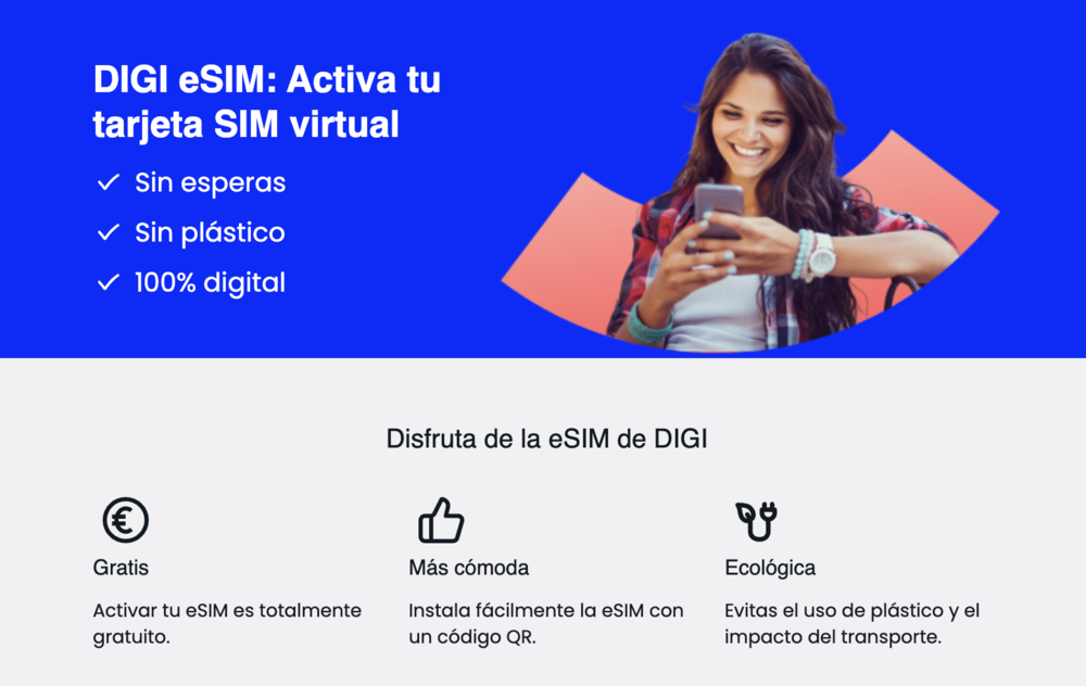 Infografía sobre las ventajas de la tarjeta eSIM de Digi para móviles.