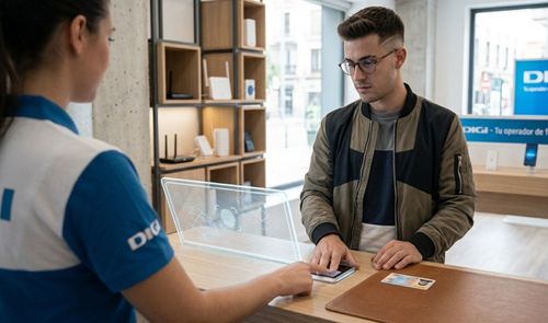 Cliente realizando gestiones en el mostrador de una tienda Digi