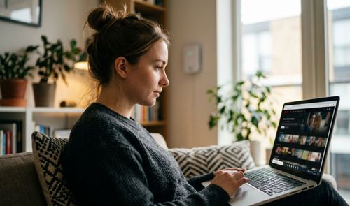Mujer joven sentada en un sofá utilizando un ordenador portátil para ver contenidos en streaming.