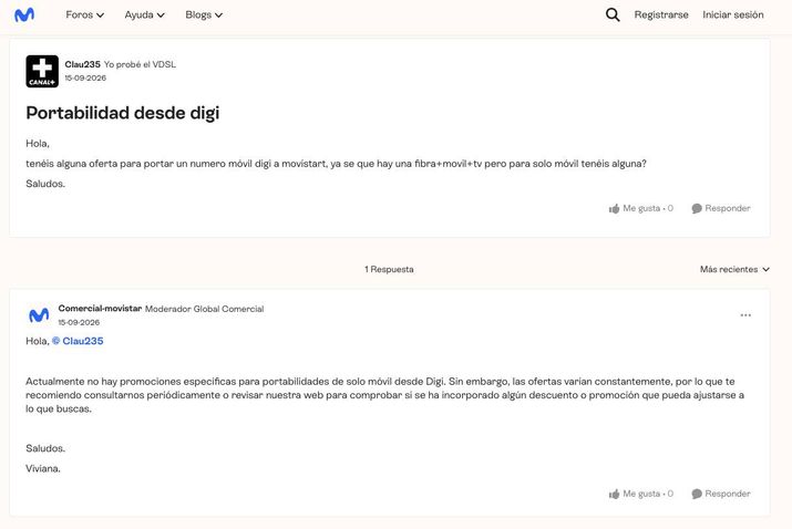 Consulta y respuesta oficial en un foro sobre el proceso de portabilidad móvil de Digi a Movistar.