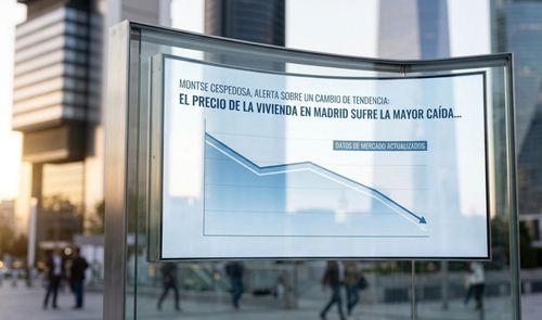 Pantalla digital en una zona urbana mostrando un gráfico lineal descendente sobre el precio de la vivienda en Madrid.