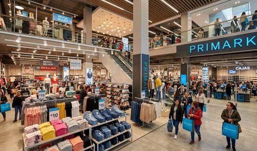Interior de una tienda Primark con varias plantas, clientes comprando y estanterías de ropa.