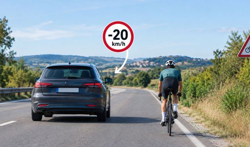 Coche circulando detrás de un ciclista en una carretera secundaria con una señal superpuesta de reducción de velocidad de 20 kilómetros por hora.