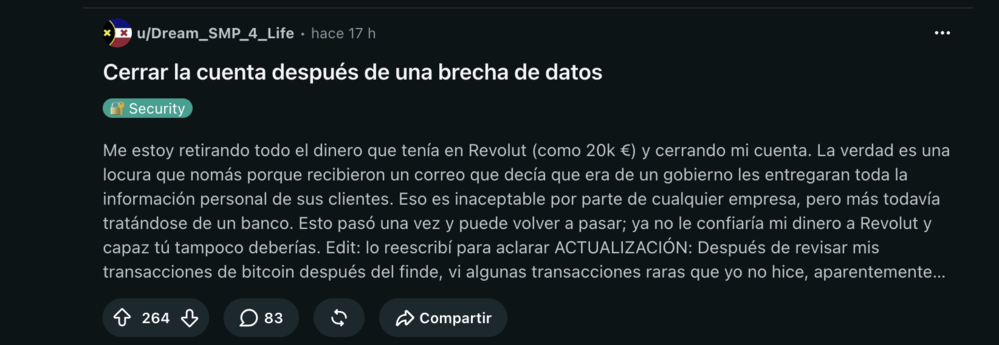 Publicación en un foro sobre la decisión de un usuario de cerrar su cuenta en Revolut tras un incidente de seguridad.