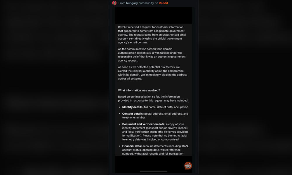 Captura de pantalla de un correo electrónico de Revolut informando sobre una solicitud fraudulenta de información de clientes.