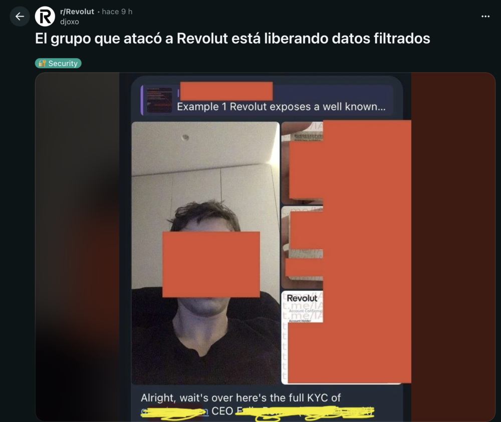 Captura de una publicación en Reddit informando sobre la liberación de datos filtrados tras un ataque a Revolut.