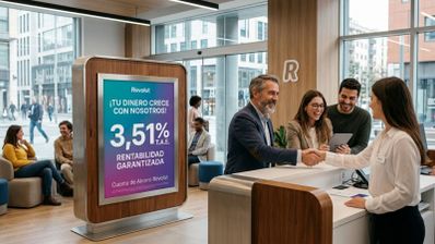 Mostrador de oficina de Revolut con clientes y un cartel publicitario sobre rentabilidad de cuenta de ahorro.