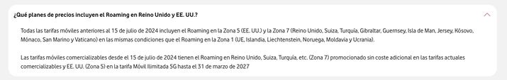 Cuadro informativo sobre las condiciones de roaming en Reino Unido y EE. UU. según la fecha de contratación de la tarifa móvil.