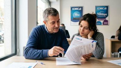 Dos personas revisando un contrato de fibra en una oficina de DIGI.