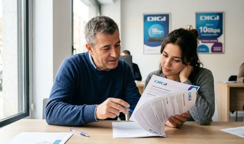 Dos personas revisando un contrato de fibra en una oficina de DIGI.