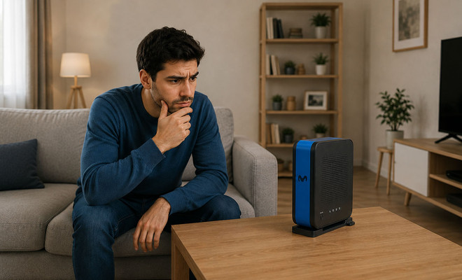 hombre mirando el router WiFi 7 de Movistar