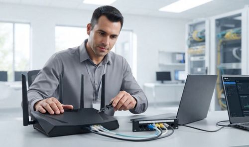 Técnico en una oficina configurando un router inalámbrico conectado a varios cables Ethernet y a ordenadores portátiles.