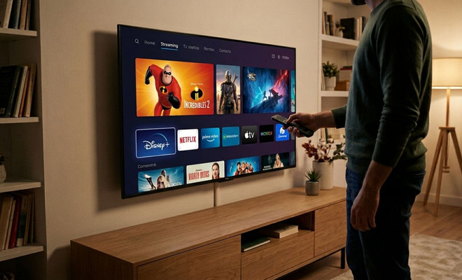 Persona utilizando un mando a distancia frente a una Smart TV colgada en la pared con menú de aplicaciones de streaming.