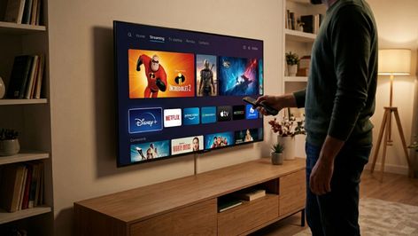 Persona utilizando un mando a distancia frente a una Smart TV colgada en la pared con menú de aplicaciones de streaming.