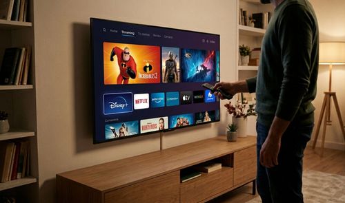 Persona utilizando un mando a distancia frente a una Smart TV colgada en la pared con menú de aplicaciones de streaming.