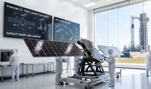 Técnicos con trajes de protección trabajando en el ensamblaje de un satélite Starlink V3 en una sala blanca con un cohete visible al fondo.